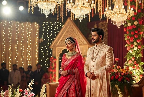 Couple standing on royal wedding stage